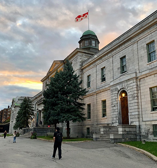 Plusieurs étudiants marchant devant le bâtiment des arts au crépuscule
