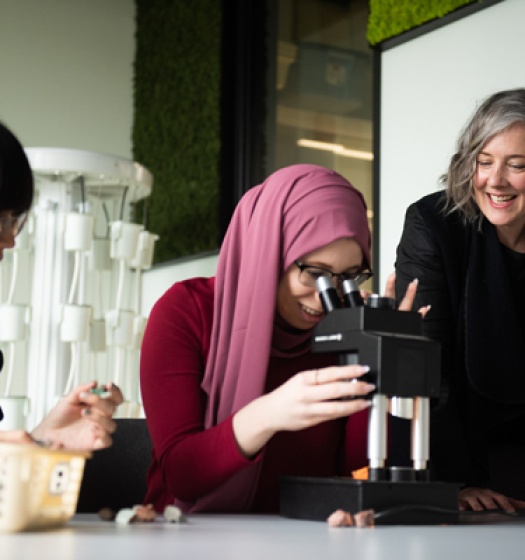 A group of women looking through a microscope